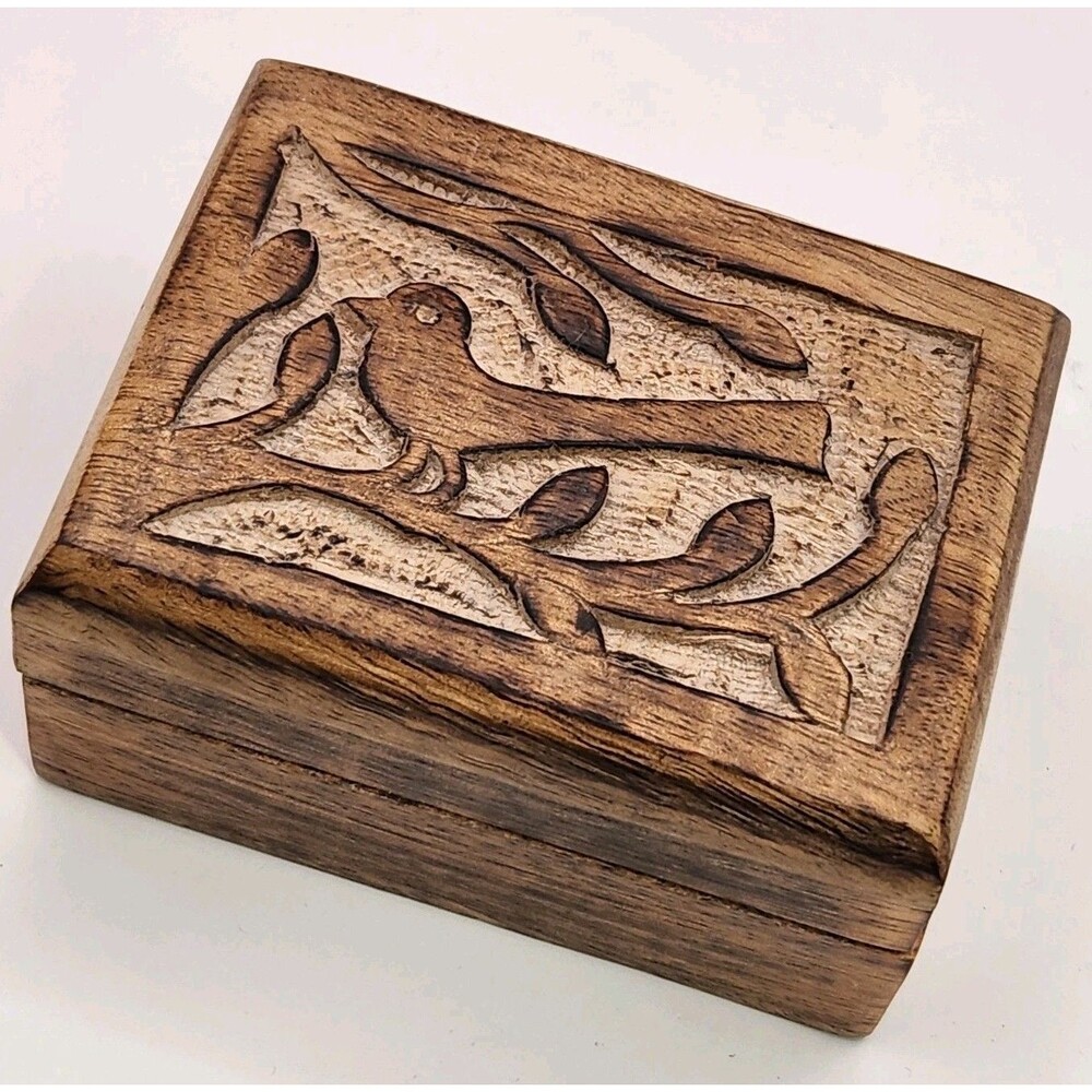Vintage Hand Carved Hinged Wooden Wood Jewelry Trinket Box India Bird